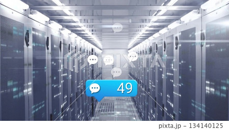 Floating notification bubble showing 49 in data center corridor, with server racks and chat icons 134140125