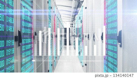 Illuminating data center aisle displaying server racks with circuit boards and overlaying bar graph Illuminating data center aisle displaying server racks with circuit boards and overlaying bar graph 134140147