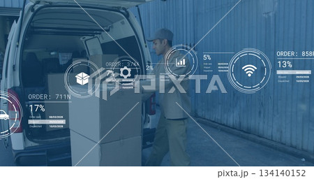 Lifting stacked boxes courier in tan uniform loading at warehouse, with white van rear doors open Lifting stacked boxes courier in tan uniform loading at warehouse, with white van rear doors open 134140152