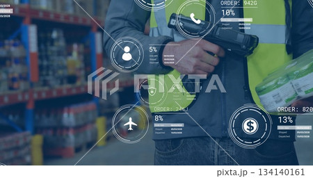 Worker in safety vest scanning packages using barcode scanner at depot, digital icons, copy space 134140161