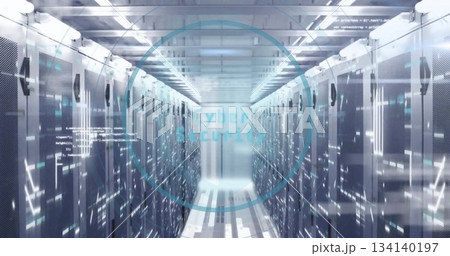 Showing symmetrical aisle at data center lined with server racks, LEDs, with Cyber Security overlay Showing symmetrical aisle at data center lined with server racks, LEDs, with Cyber Security overlay 134140197