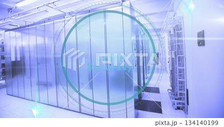 Showing metallic server racks stretching away in datacenter hallway with Cyber security overlay Showing metallic server racks stretching away in datacenter hallway with Cyber security overlay 134140199