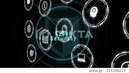 Displaying central shield icon with Cyber Security text on dark background, with circular icons 134140227