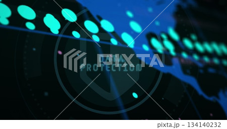 Floating shield icon and DATA PROTECTION text drifting over network interface with teal nodes 134140232