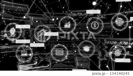 Floating circular UI icons connecting data lines in virtual space matrix, with glitch bars overlay Floating circular UI icons connecting data lines in virtual space matrix, with glitch bars overlay 134140245