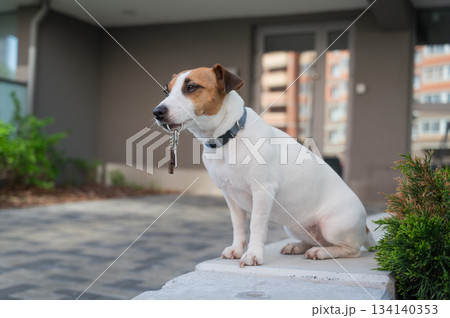 Jack Russell Terrier Dog Holding Apartment Keys. Jack Russell Terrier Dog Holding Apartment Keys. 134140353