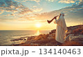 Jewish rabbi blows shofar. Yom Kippur.  134140463