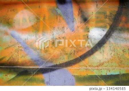 Paint on rusty metal. Rough style, background image. Railway, graffiti. Paint on rusty metal. Rough style, background image. Railway, graffiti. 134140585