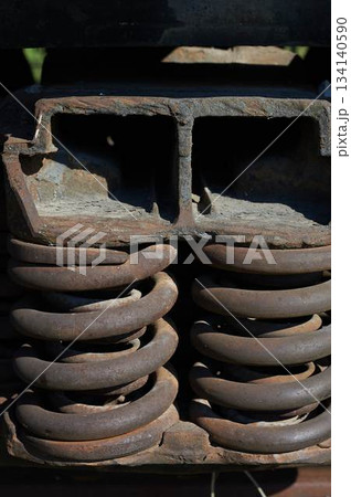 Rusty springs on the car. Railway and metal. 134140590