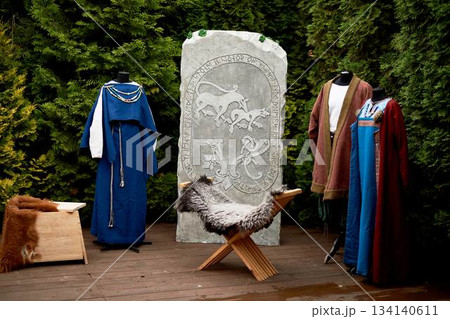 A stylized wedding in the Viking style. Photo zone. Women's and men's dress 134140611