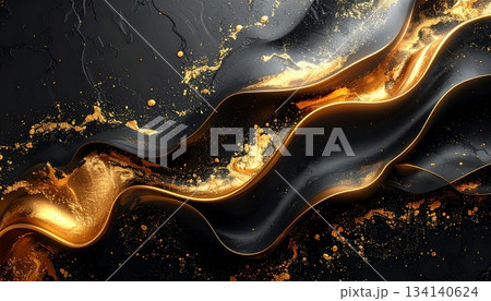 高級感ある金色の金箔と黒背景の抽象的な大理石風背景素材 高級感ある金色の金箔と黒背景の抽象的な大理石風背景素材 134140624