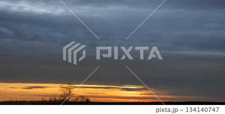 Vibrant sunset illuminates the horizon over a tranquil landscape with dark clouds and a solitary tree in the foreground 134140747