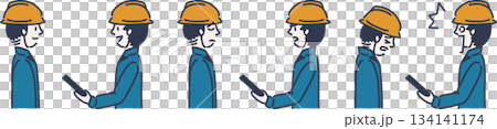 Illustration of people talking in work clothes - Two men in blue uniforms 134141174