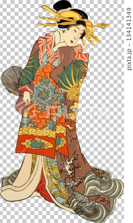 A woman in a gorgeous kimono holding a fan A woman in a gorgeous kimono holding a fan 134141349
