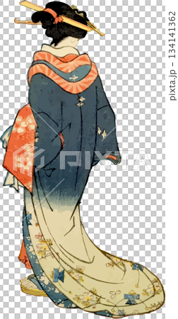 Back view of a woman in an indigo kimono 134141362