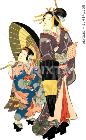 蛇の目傘をさす女の子と女性 134141368