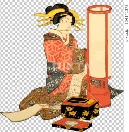 A woman writing a letter by the light of a lantern 134141372