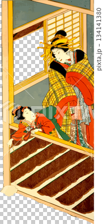 房間裡有一個女人，一個女孩向前傾著身子。 134141380