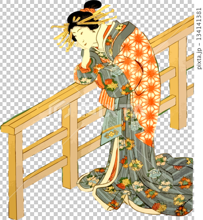 A woman resting her chin on the railing 134141381