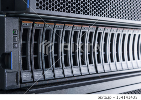 Array of data storage hard drives in internet data center 134141435
