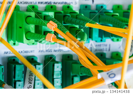 fiber optic cables connected into main data switch fiber optic cables connected into main data switch 134141438
