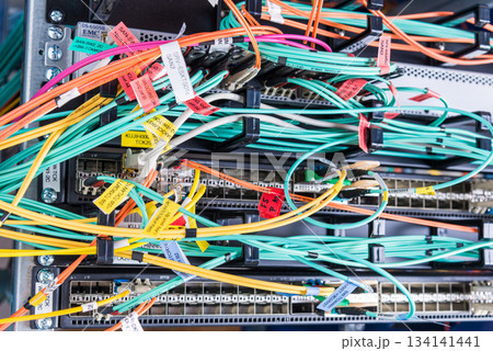 detail of server rack with fiber optic cables attached to front 134141441