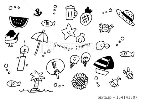 夏の手描きアイコンセット｜スイカ・アイス・ヤシ・ビーチ・海のモチーフが散りばめられた線画素材 134141507