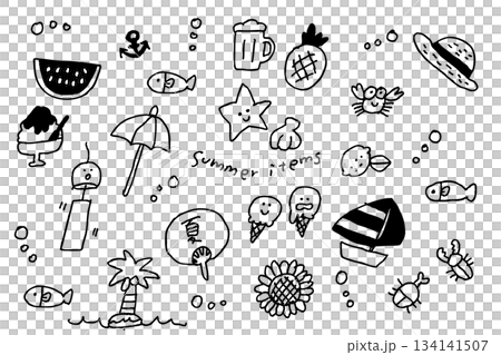 夏の手描きアイコンセット｜スイカ・アイス・ヤシ・ビーチ・海のモチーフが散りばめられた線画素材 134141507
