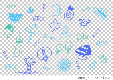 夏の手描きアイコンセット｜スイカ・アイス・ヤシ・海・休日を彩る爽やかカラフル線画素材 134141508