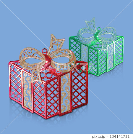 two red and green plastic gift box is placed on a blue background, fashion, gift, decor, decoration, object, ancient, antique, copy space 134141731