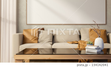 Books with flower vase and pot plant on glass top wooden table aside sofa in a sun lit living room. Books with flower vase and pot plant on glass top wooden table aside sofa in a sun lit living room. 134142041