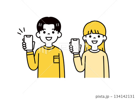 スマートフォンの画面を見せる、10代・20代の若い男女の上半身ベクターイラスト素材セット スマートフォンの画面を見せる、10代・20代の若い男女の上半身ベクターイラスト素材セット 134142131
