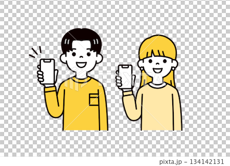 一組十幾歲到二十幾歲的年輕男女展示智慧型手機螢幕的上半身向量插圖素材。 134142131