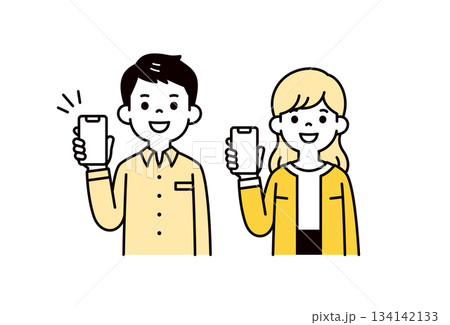 スマートフォンの画面を見せる、20代・30代の若い男女・夫婦の上半身ベクターイラスト素材セット 134142133