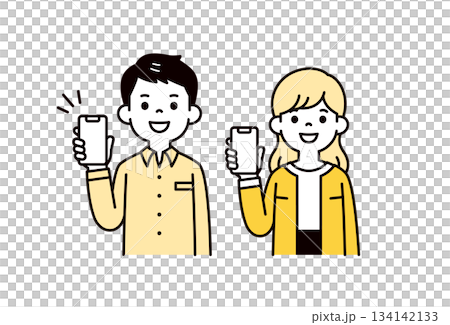 スマートフォンの画面を見せる、20代・30代の若い男女・夫婦の上半身ベクターイラスト素材セット 134142133