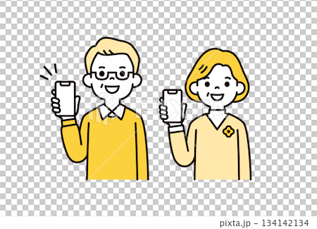 スマートフォンの画面を見せる、60代・70代の男女・夫婦の上半身ベクターイラスト素材セット 134142134
