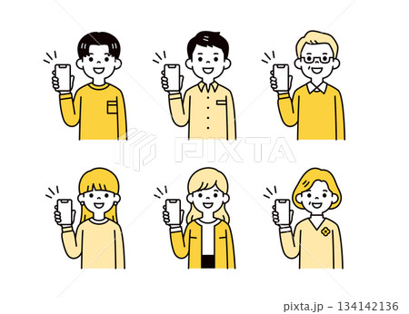 スマートフォンの画面を見せる、いろいろな年齢のの男女の上半身ベクターイラスト素材セット 134142136