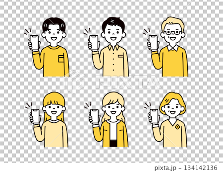 スマートフォンの画面を見せる、いろいろな年齢のの男女の上半身ベクターイラスト素材セット 134142136