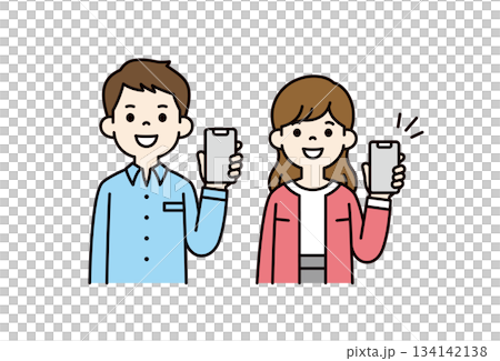 左手でスマートフォンの画面を見せる、男女・夫婦の上半身ベクターイラスト素材セット＿カラー 134142138