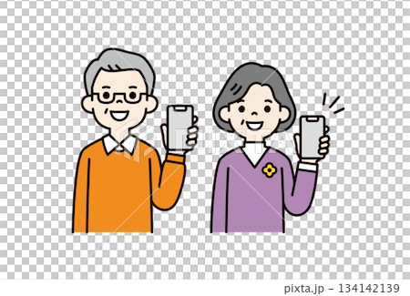 Showing the screen of a smartphone with the left hand, upper body vector illustration material set of elderly men and women _ color 134142139