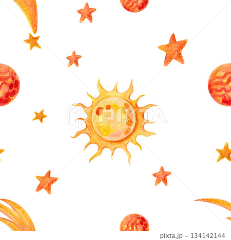A space-themed seamless pattern with yellow and orange watercolor illustrations of stars, the sun, and planets on a white background. Design for textiles, packaging, and other children's products. 134142144