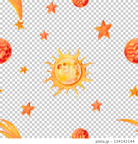 A space-themed seamless pattern with yellow and orange watercolor illustrations of stars, the sun, and planets on a white background. Design for textiles, packaging, and other children's products. 134142144