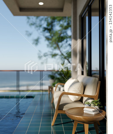 Wooden sofa chair and side table aside outdoor swimming pool with glass partition and panoramic view Wooden sofa chair and side table aside outdoor swimming pool with glass partition and panoramic view 134142353