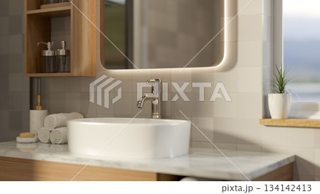 Mirror and wooden shelf on tiles wall over ceramic sink on marble counter with towels in bathroom. 134142413