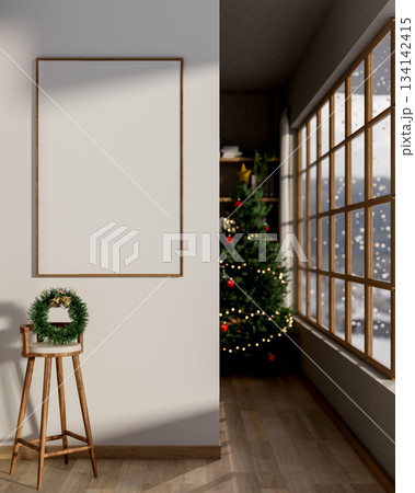 Blank frame on wall and wreath on wooden stool chair with Christmas tree and snowing outside a room. Blank frame on wall and wreath on wooden stool chair with Christmas tree and snowing outside a room. 134142415