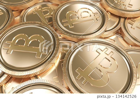 Gold Bitcoin coins are gleaming in 3D render macro shot, reflecting light on textured surfaces 134142526