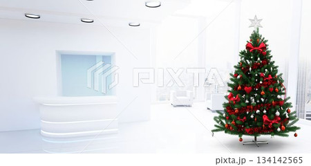 Flat design reception is showing desk, chairs by city-view windows, Christmas tree with star topper 134142565