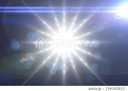 White light burst is radiating star rays, lens flare circles in 3D on dark gradient background 134142613