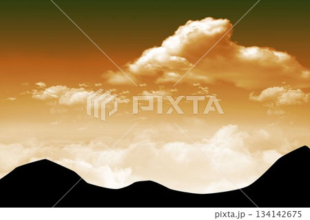 Flat design showing black silhouette hills under cloud layer with cumulus cloud over orange sky 134142675