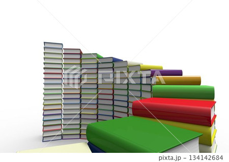 Stacks and piles of multicolored hardcover books are forming curved arc in flat design, copy space 134142684